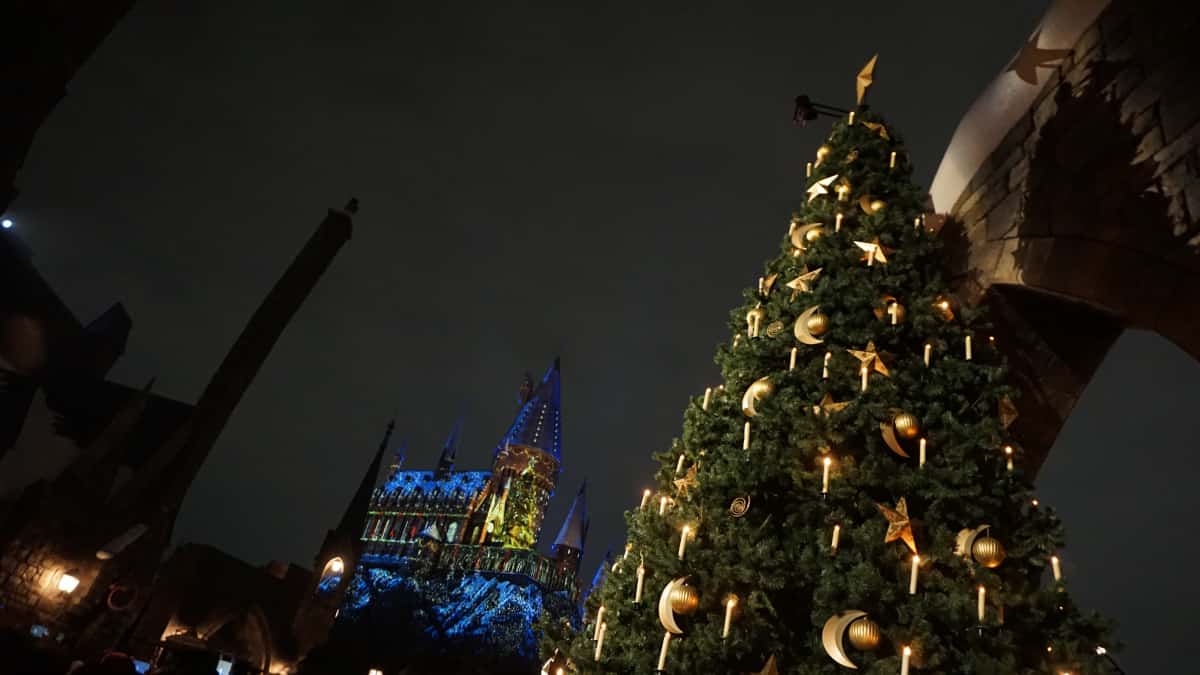 ライトアップされたホグワーツ城とクリスマスツリー